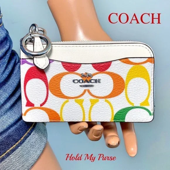 Coach Rainbow Signature Card Case ID Wallet Keychain Bag Charm NWT - Picture 1 of 7